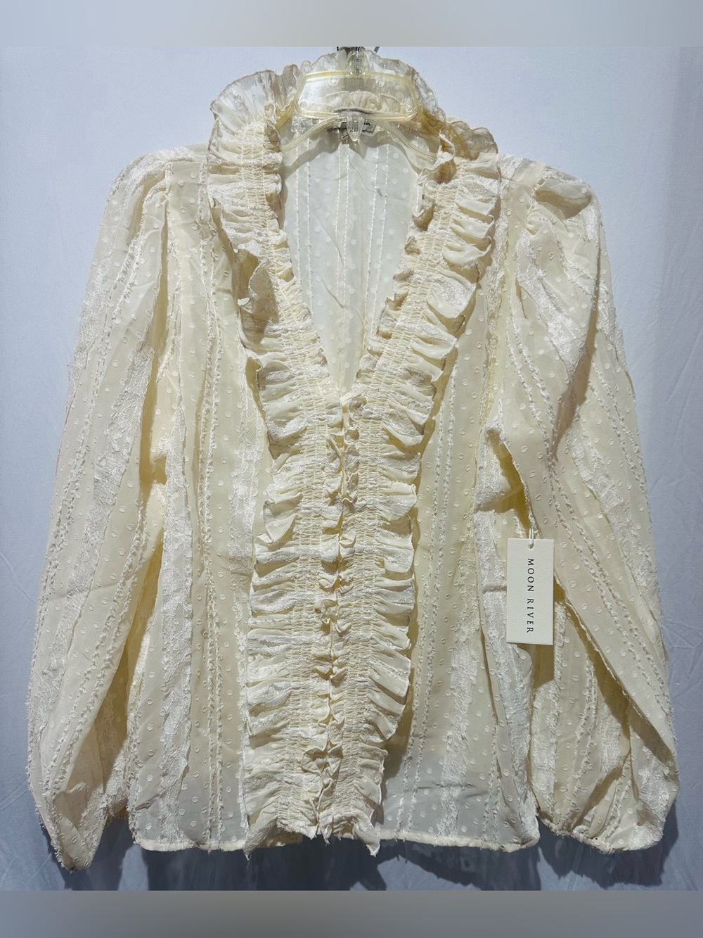 Moon River Ivory Ruffled V-Neck Blouse - Size XL